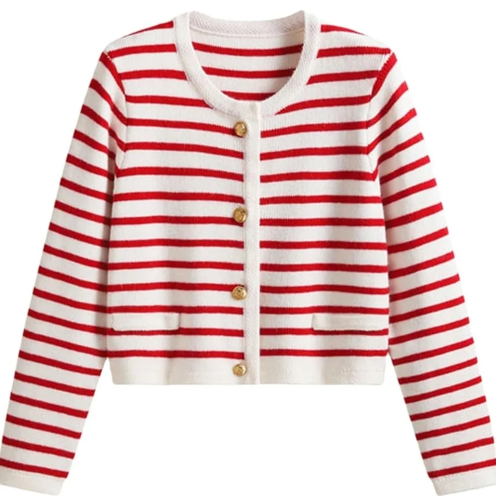 100% Cotton Superb Quality Luxurious Red and White Striped Cardigan Heavy & Warm - Picture 2 of 13